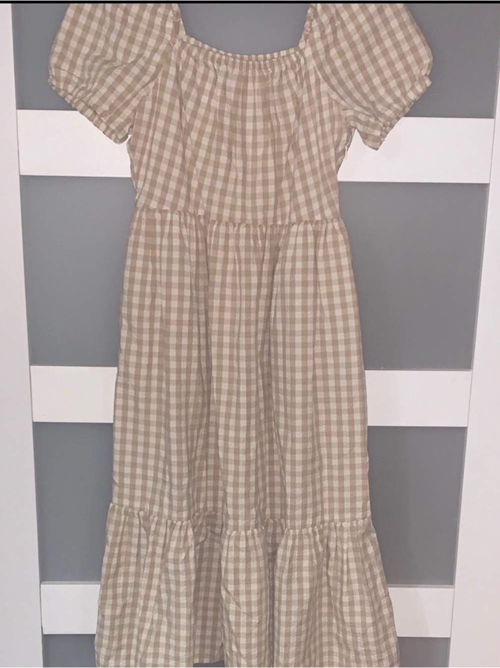 Women's J Crew Beige Gingham Puff-Sleeve Dress